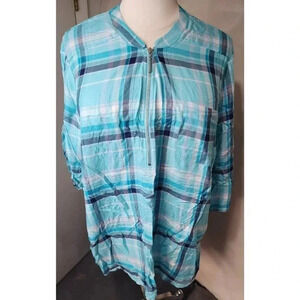 CATHERINES AQUA PLAID HALF ZIP FOLD UP SLEEVE TOP 2X